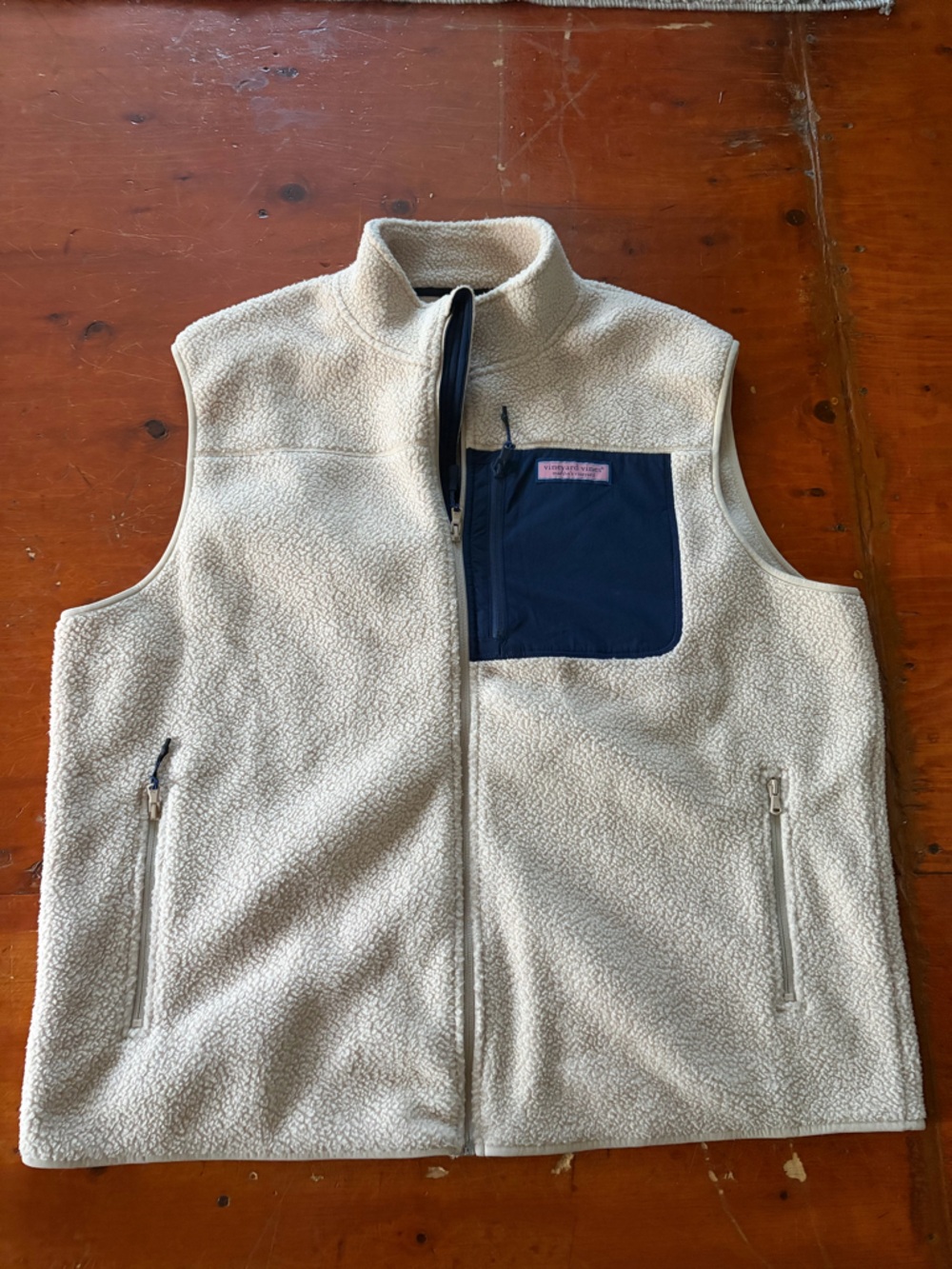 Vineyard Vines Cream Sherpa Vest with Navy Pocket